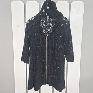 XCVI Crochet‎ Zip Cardigan Top Small Black Alternative Emo Goth Boho Cover Up